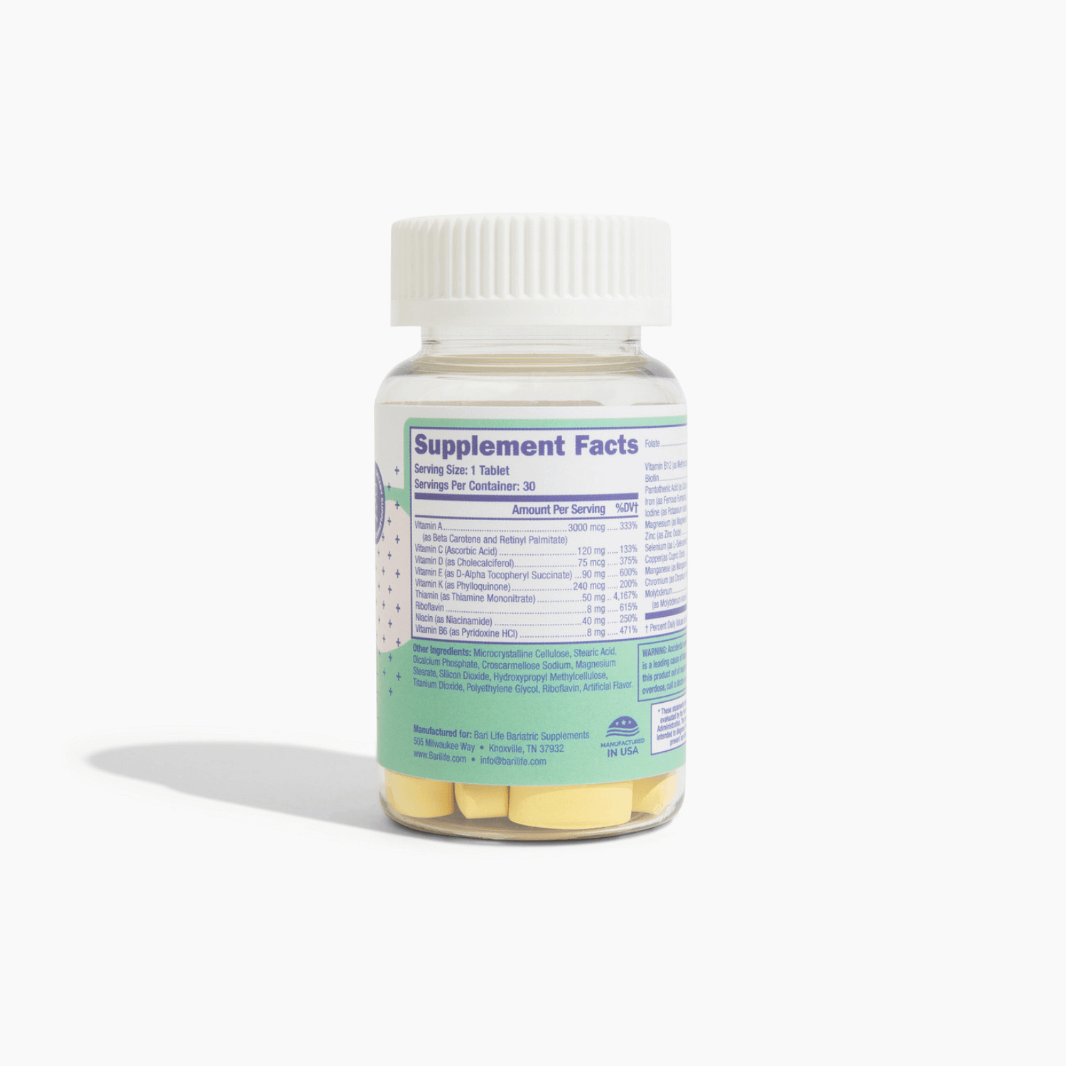 Bariatric multivitamin with iron (45mg) in a bottle, showcasing supplement facts and dosage information.